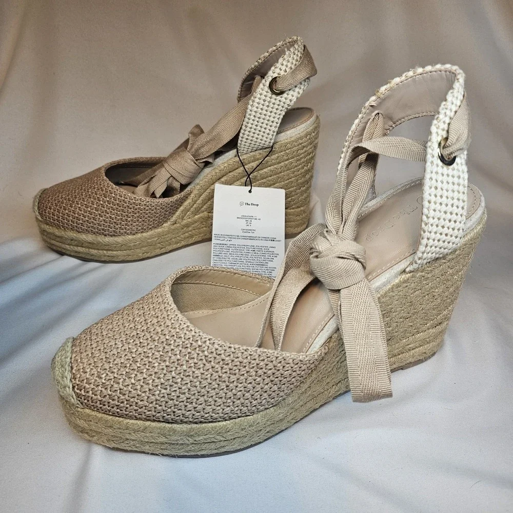 The Drop Espadrille Platform Wedge Sandals Ankle‎ Tie Natural Beige Size 11 Boho